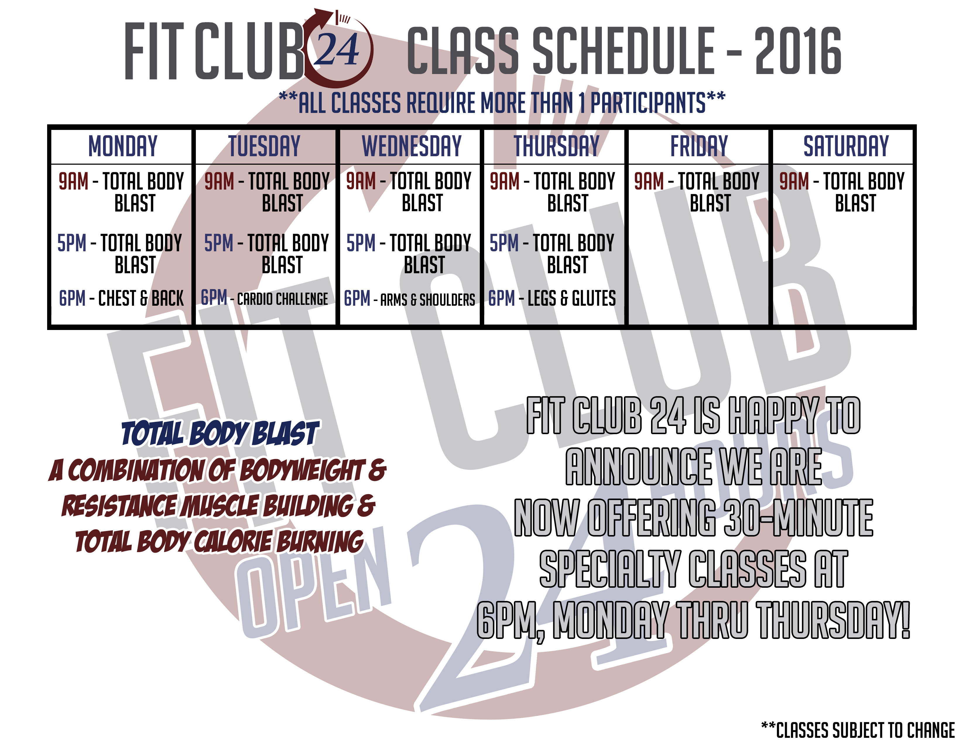 New Class Schedules – updated – Fit Club 24